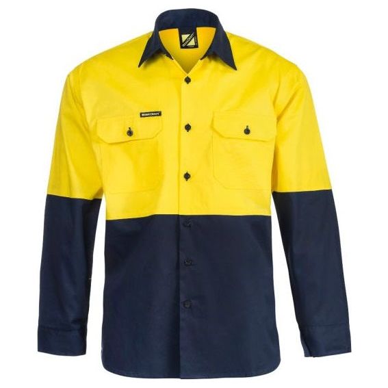 WS4247 Workcraft Lightweight Hi Vis Two Tone Long Sleeve Vented Cotton Drill Shirt