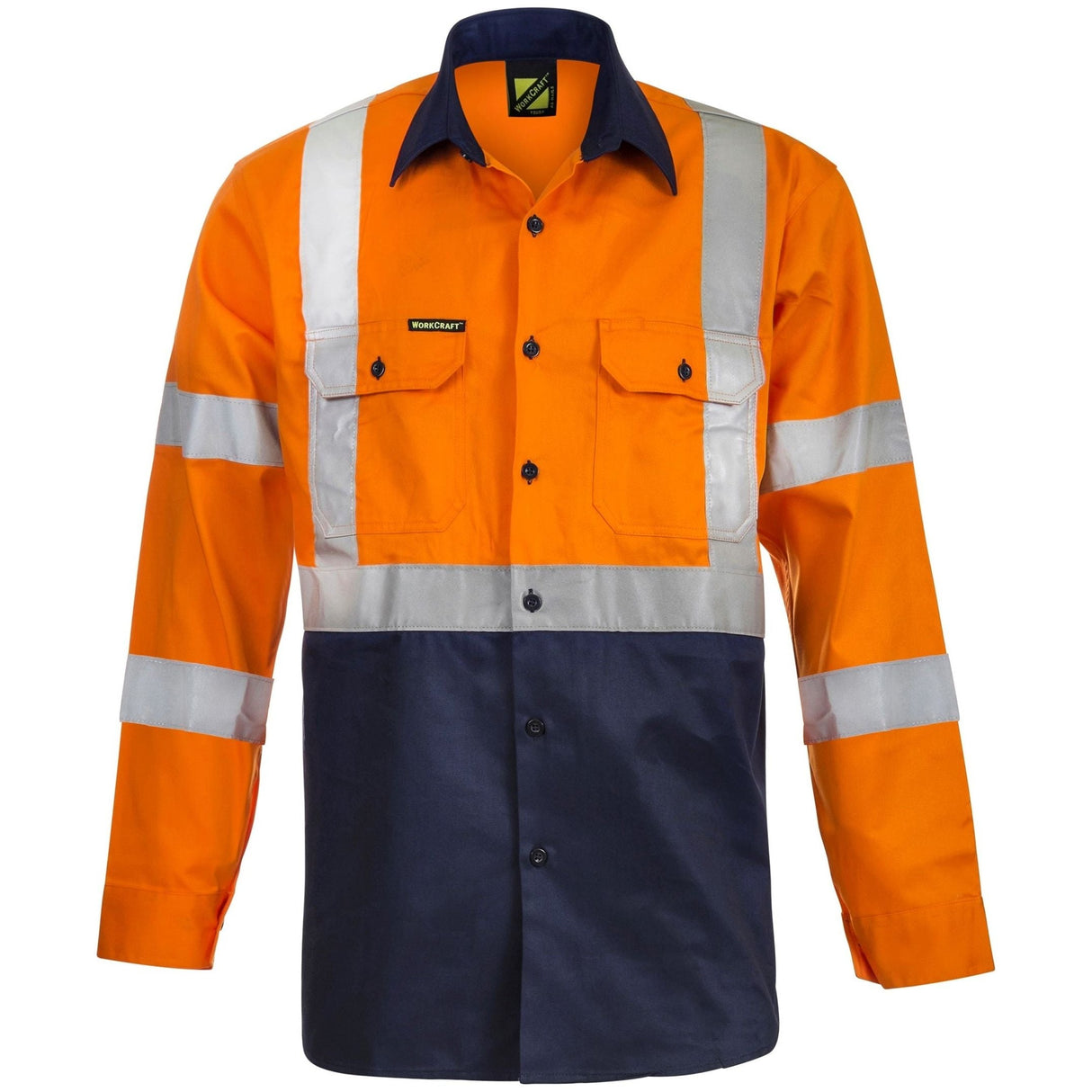 WS6020 Workcraft Hi Vis Two Tone Front Long Sleeve Cotton Drrill Shirt With X Pattern CSR Reflective Tape