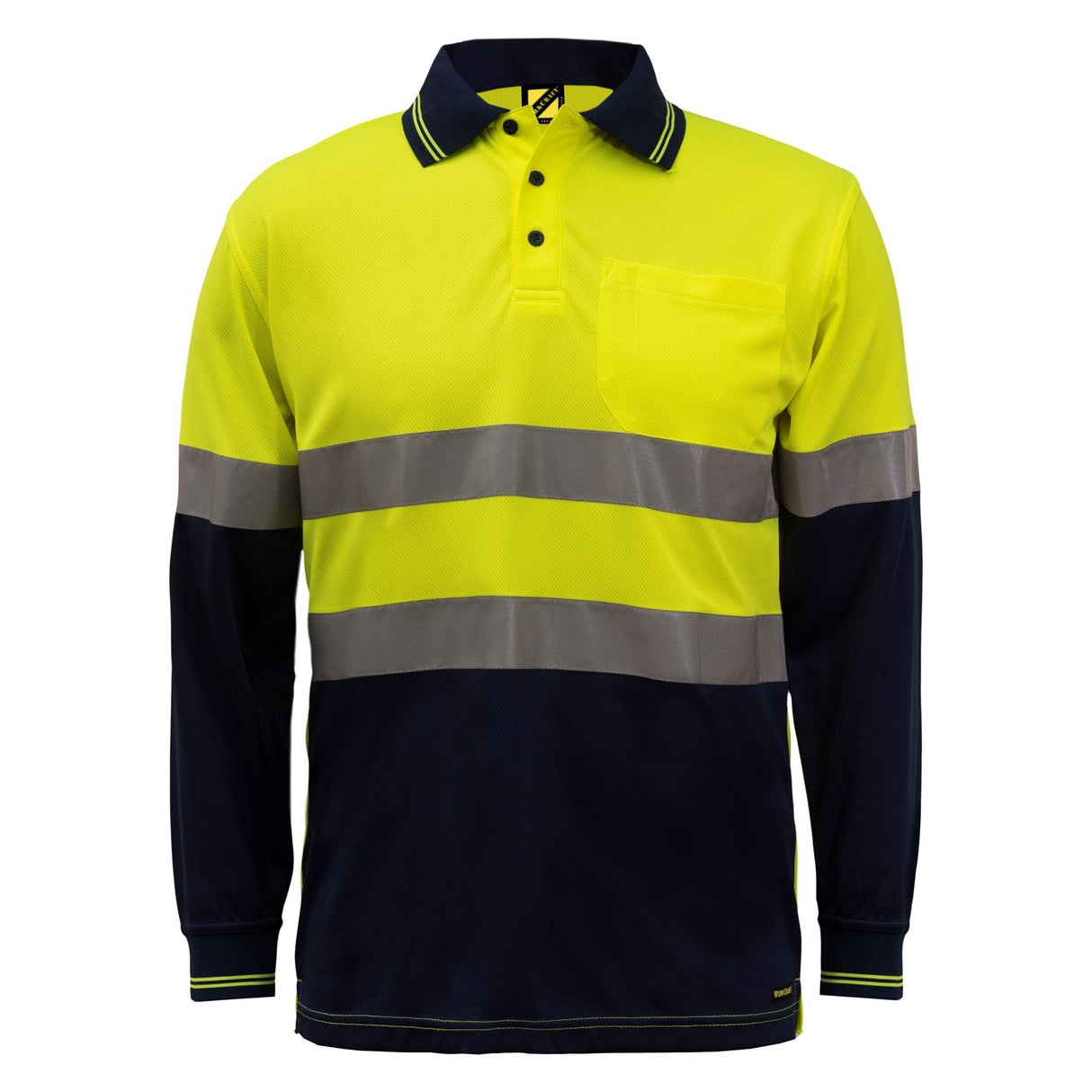 WSP409 Workcraft Hi Vis Two Tone Lightweight Long Sleeve Micromesh Polo With Pocket And CSR Reflective Tape