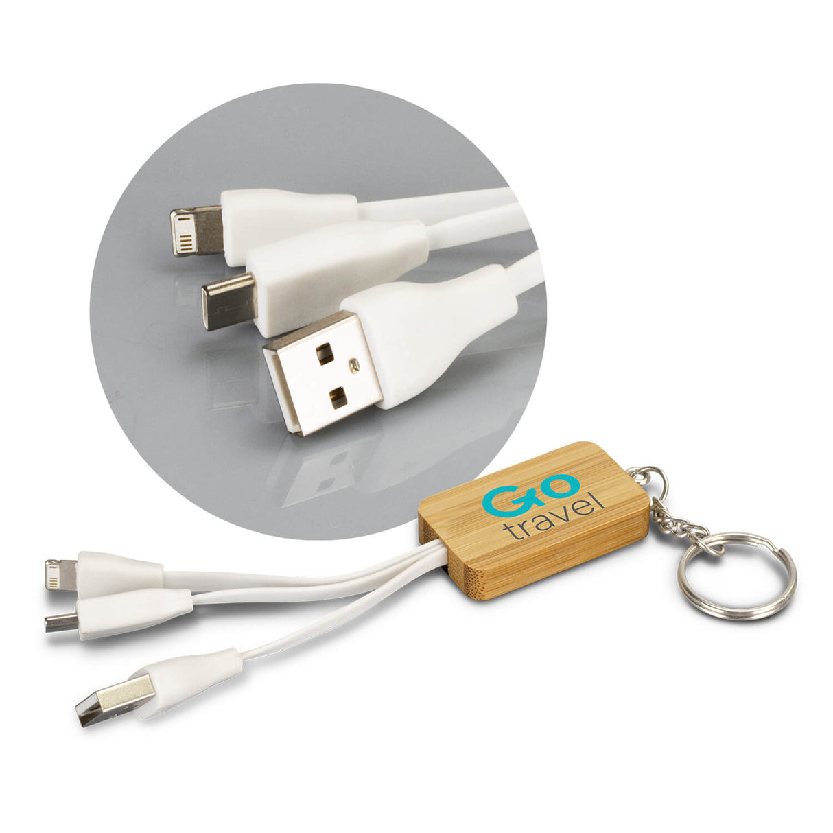 Bamboo Charging Cable Key Ring Rectangle - Printed