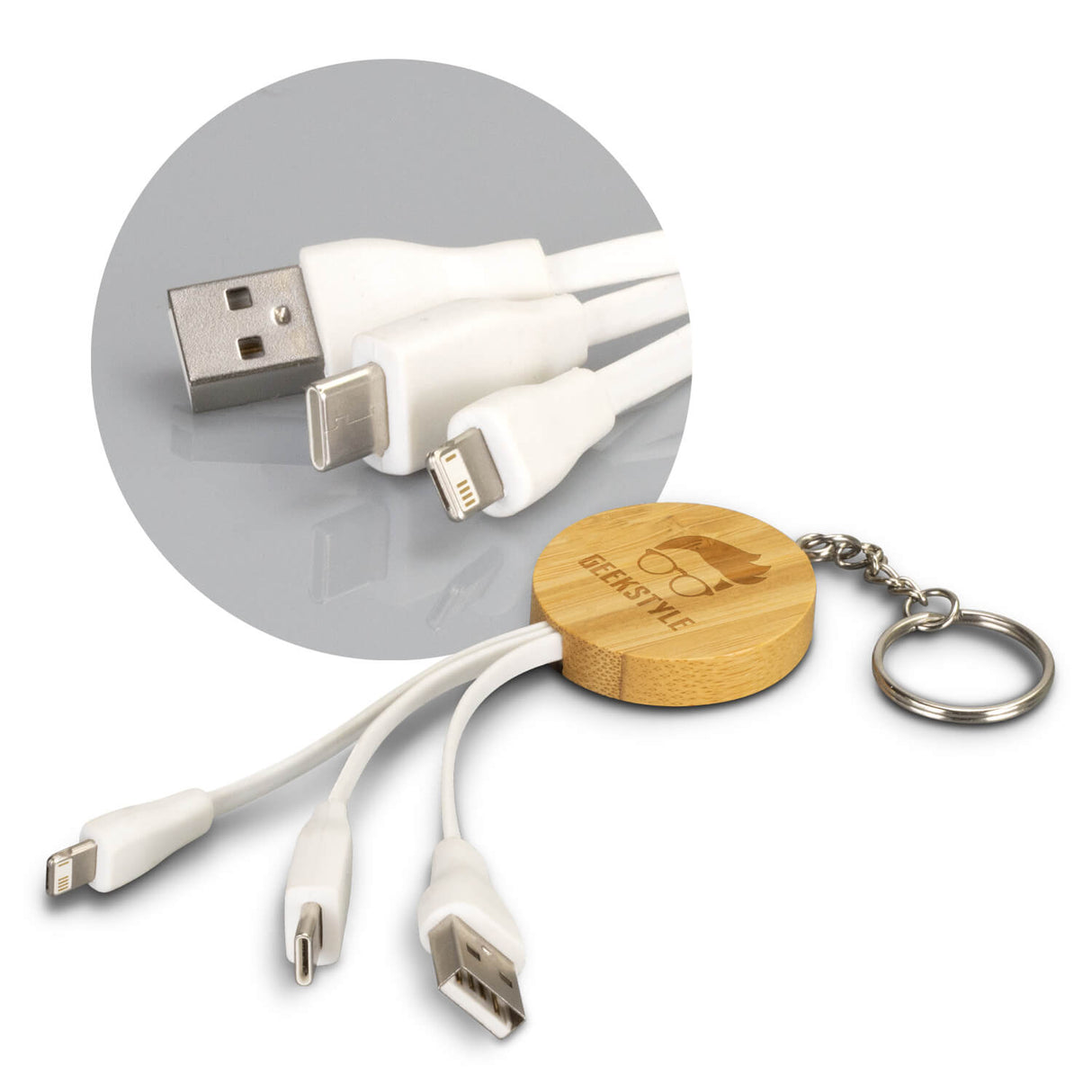 Bamboo Charging Cable Key Ring Round - Printed