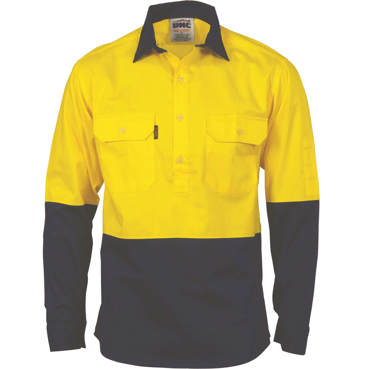 3834 HiVis Two Tone Close Front Cotton Drill Shirt Long Sleeve