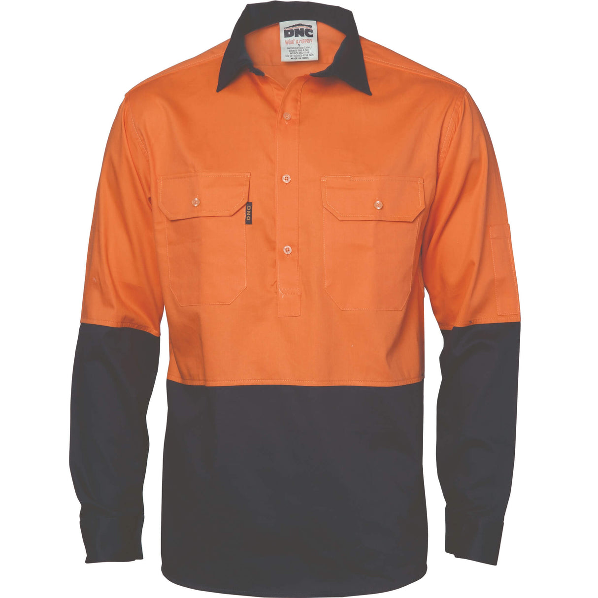 3834 HiVis Two Tone Close Front Cotton Drill Shirt Long Sleeve