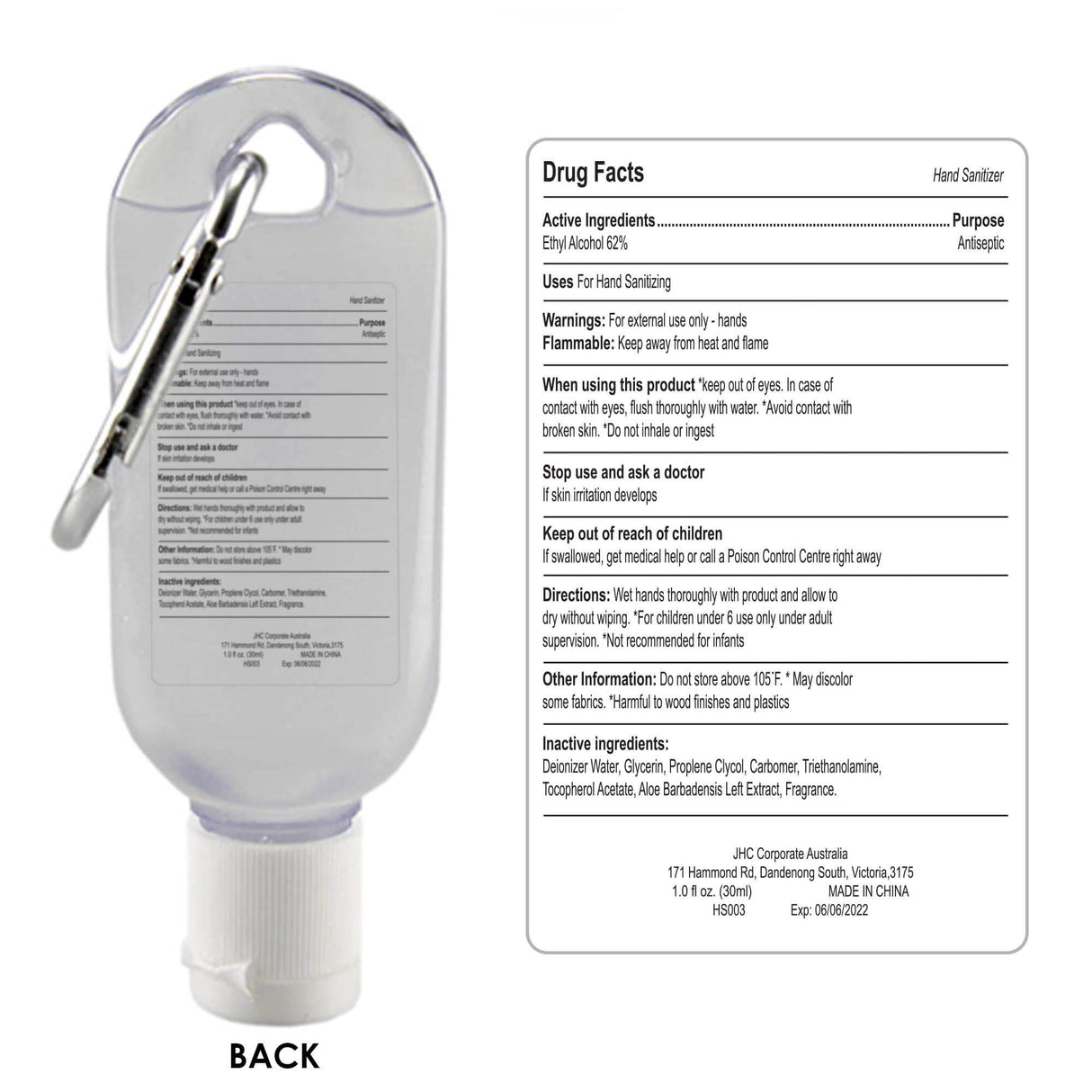 30ml Gel Hand Sanitiser with Carabiner - Printed
