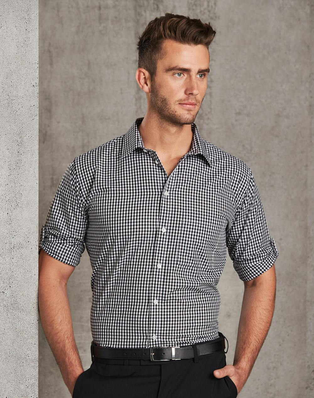 M7300L Men’s Gingham Check Long Sleeve Shirt With Roll-Up Tab Sleeve