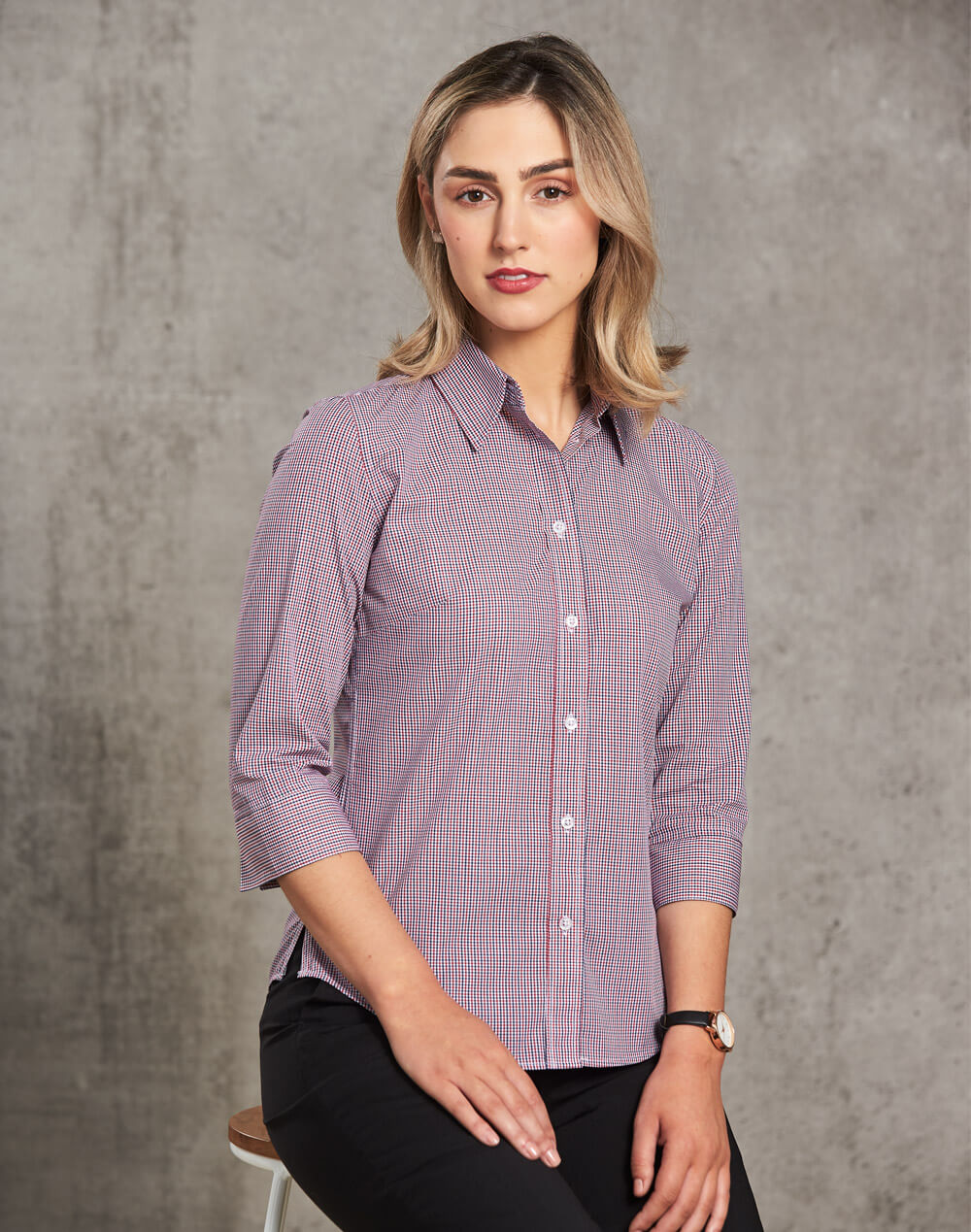 M8340Q Ladies’ Two Tone Mini Gingham 3/4 Shirt