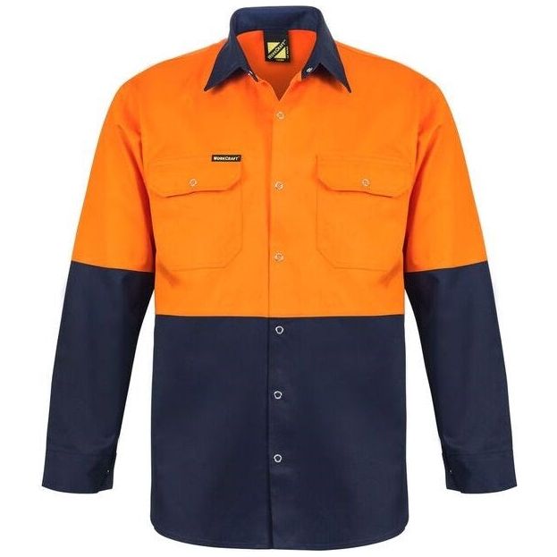 WS3032 Workcraft Hi Vis long Sleeve Cotton Drill Shirt With Press Studs