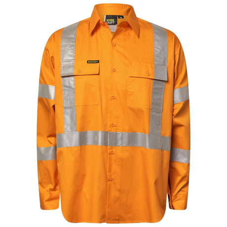 WS6010 Workcraft Lightweight Hi Vis Long Sleeve Vented Cotton Drill Shirt With X Pattern CSR Reflective Tape