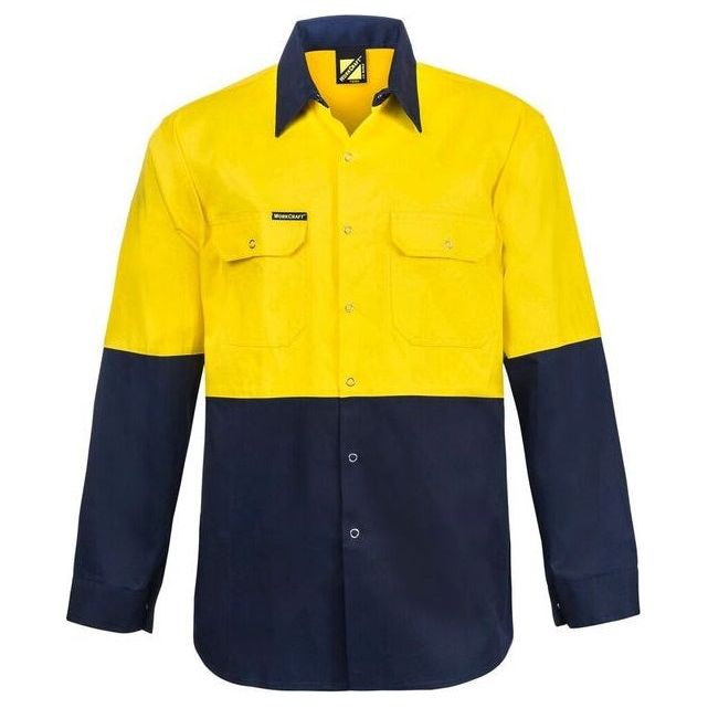 WS3032 Workcraft Hi Vis long Sleeve Cotton Drill Shirt With Press Studs