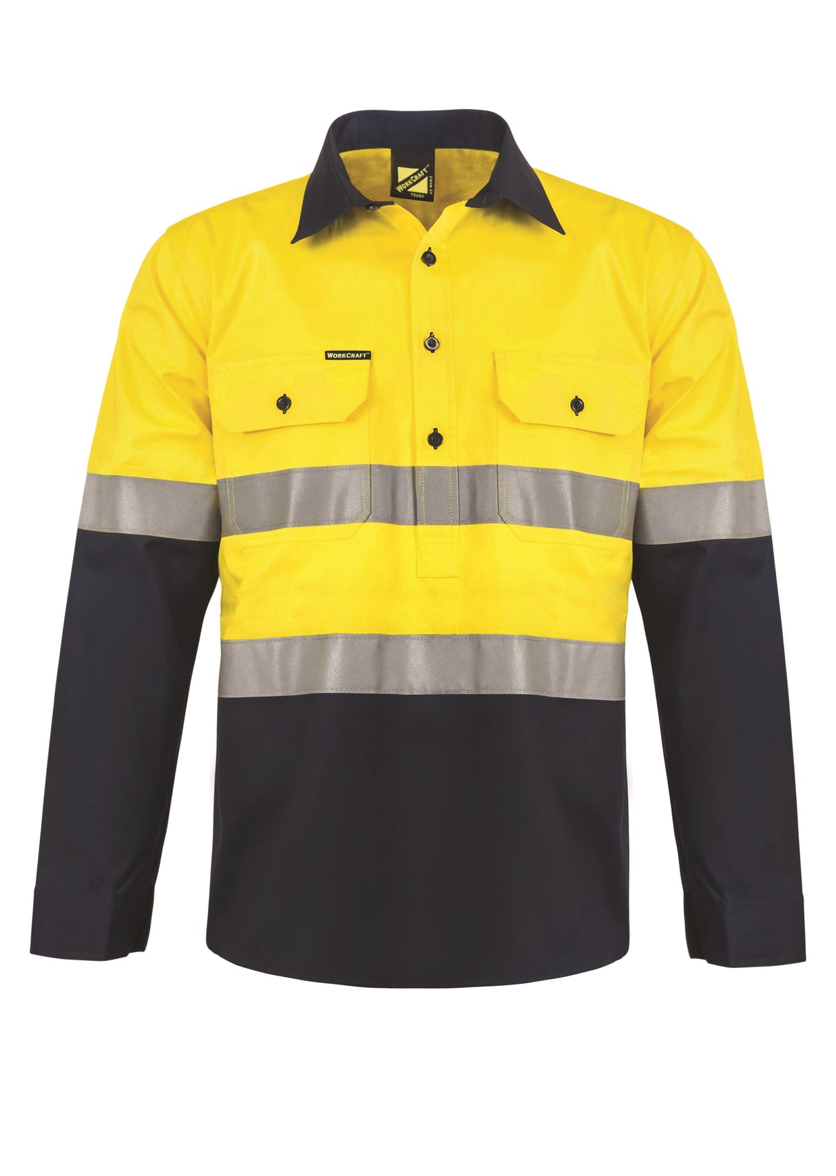 WS6033 Workcraft Hi Vis Two Tone Half Placket Cotton Drill Shirt with Semi Gusset Sleeves And Csr Reflective Tape