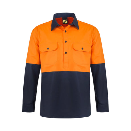 WS4255 Workcraft Lightweight Hi Vis Two Tone Half Placket Vented Cotton Drill Shirt With Semi Gusset Sleeves