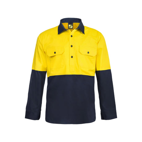 WS4255 Workcraft Lightweight Hi Vis Two Tone Half Placket Vented Cotton Drill Shirt With Semi Gusset Sleeves