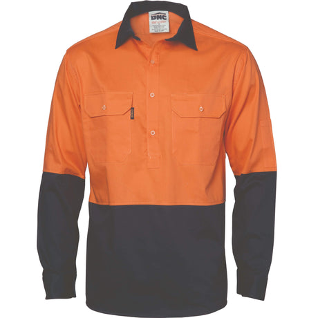 3834 HiVis Two Tone Close Front Cotton Drill Shirt Long Sleeve - Embroidered