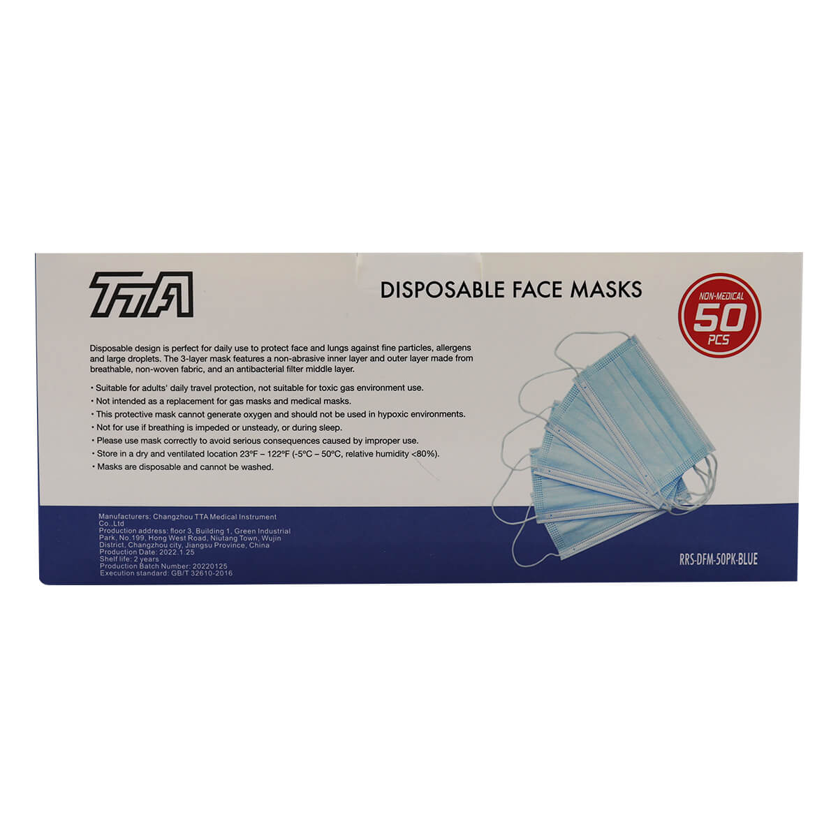 Blue 3-Ply Disposable Face Masks - 50 in a box
