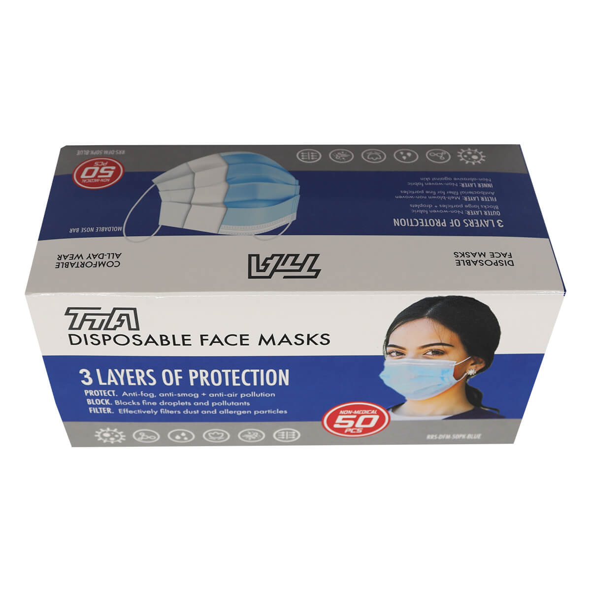 Blue 3-Ply Disposable Face Masks - 50 in a box