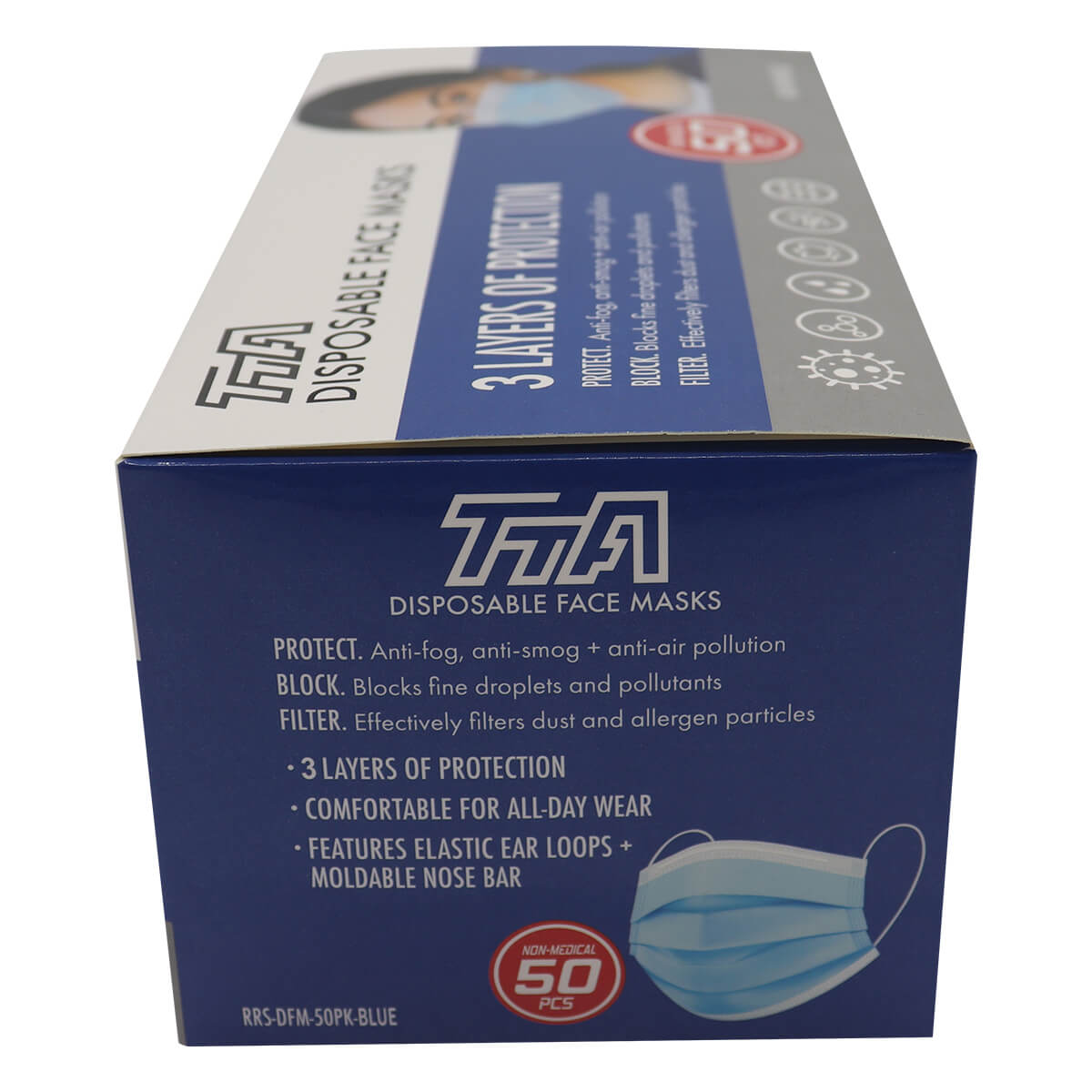 Blue 3-Ply Disposable Face Masks - 50 in a box