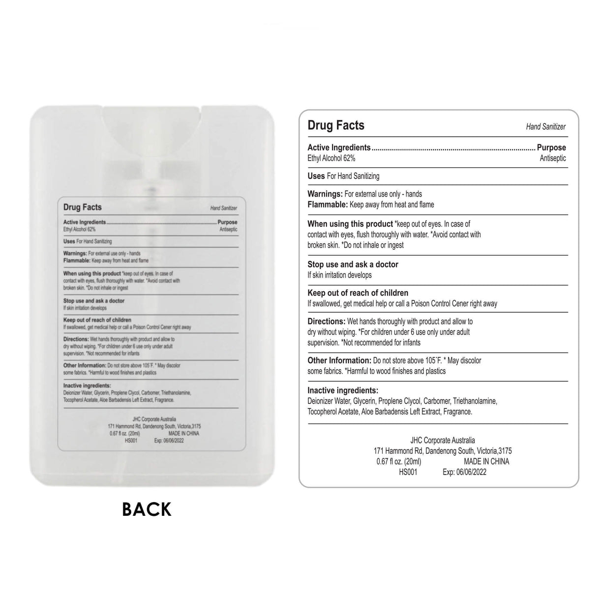 20ml Hand Sanitiser Spray Card - Printed